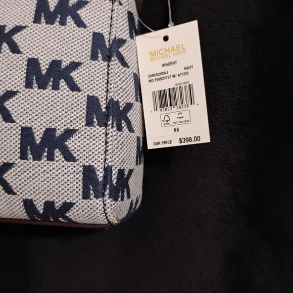 Michael Kors Jacquard & Leather Navy Blue Vincent Pouchette Bag  NWT - Picture 3 of 9